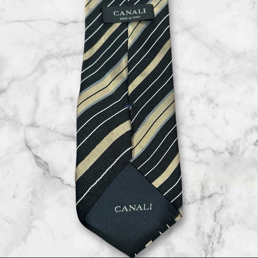 CANALI BLACK STRIPED DESIGN 100% SILK NECK TIE - Picture 2 of 4